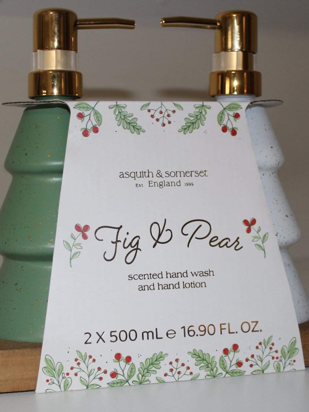 Asquith & Somerset Fig&Pear Holiday Christmas Hand Wash 2pk Ceramic Bottle Caddy